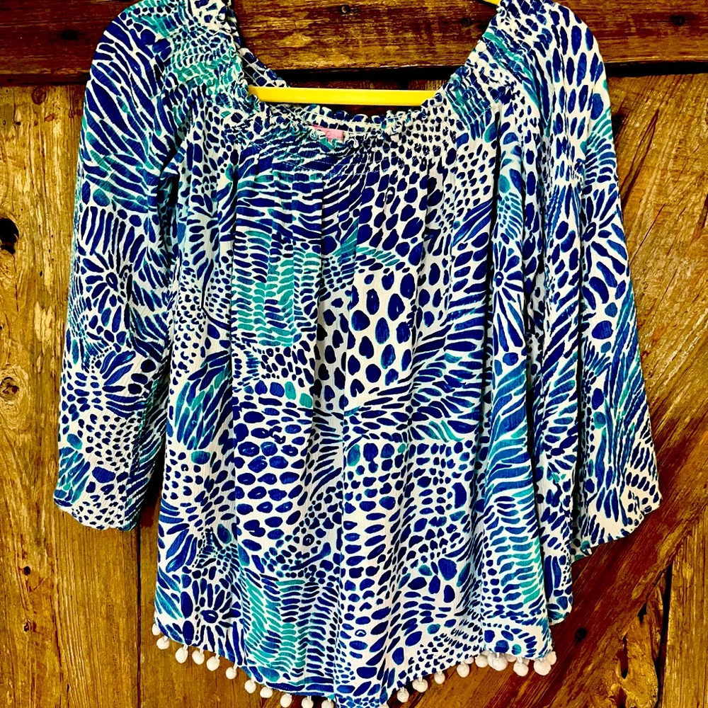 Lilly Pulitzer Nita off the shoulder Pom Pom trim top size Large
